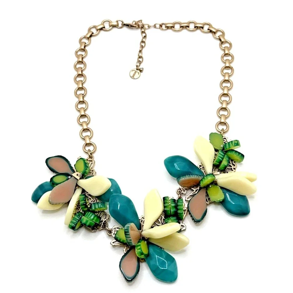 Talbots Green White Floral Necklace Gold Tone Statement Bib Runway 18-21